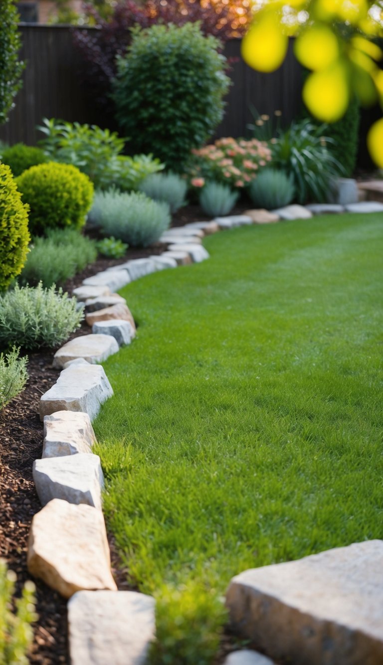 A garden with various natural rock borders outlining different sections of the lawn