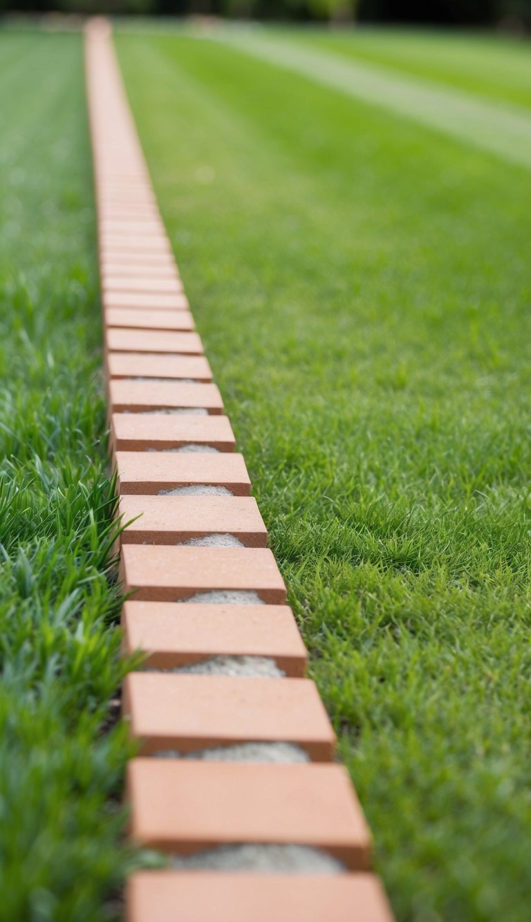 A neatly manicured lawn with a border of brick edging, creating a defined and tidy separation between the grass and the surrounding landscape