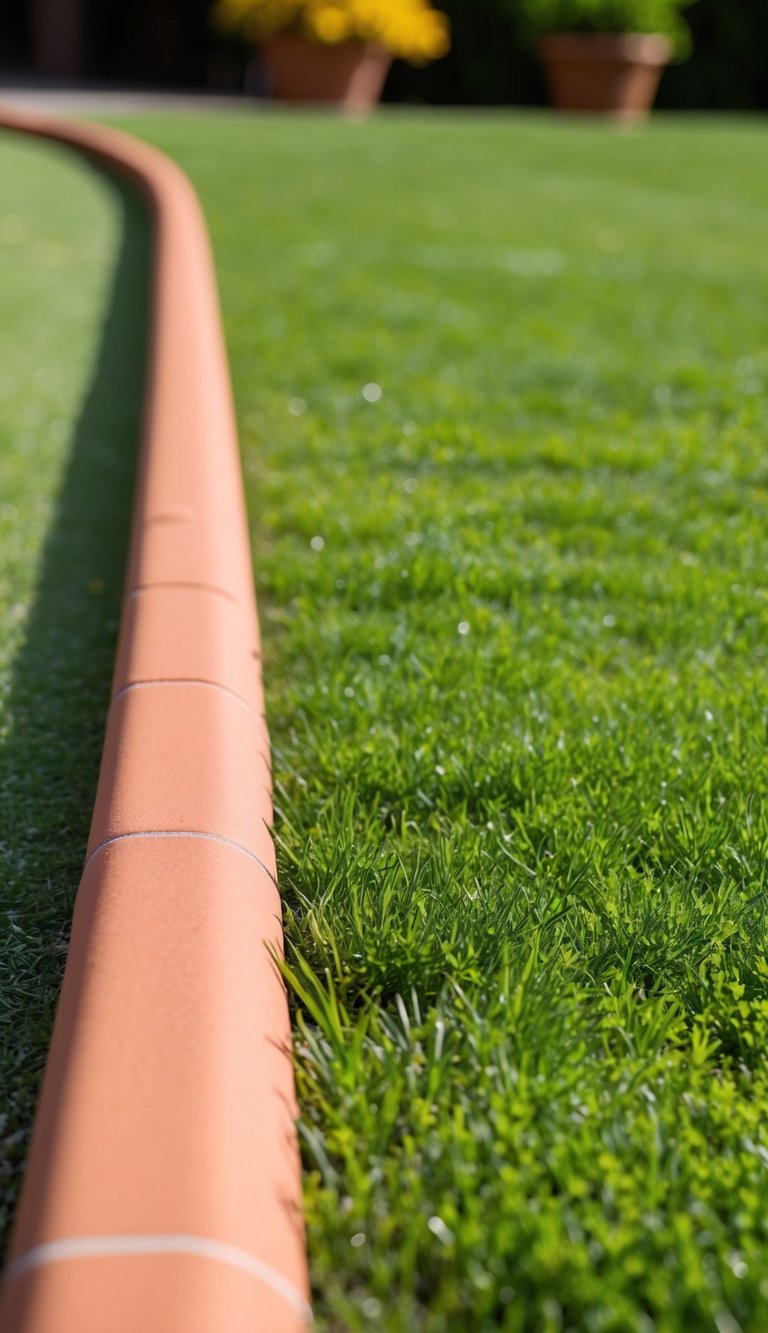 A terracotta edging lines a neatly manicured lawn, adding a touch of warmth and charm to the outdoor space