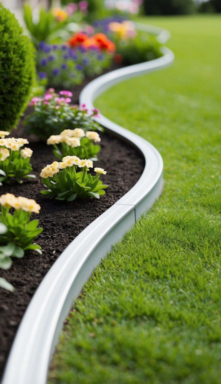 A neatly manicured lawn with metal landscape edging defining the borders of flower beds and pathways