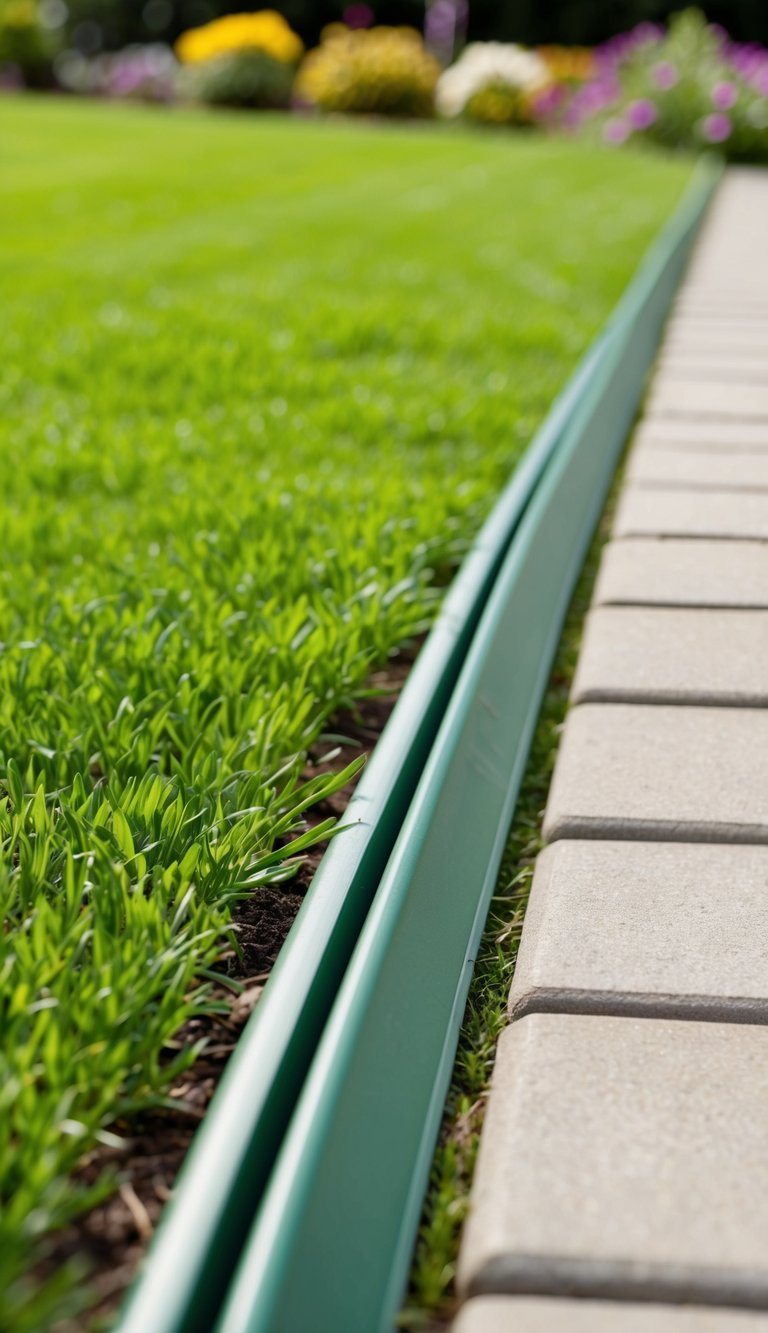 A neatly trimmed garden with plastic lawn edging separating the lush green grass from the flower beds