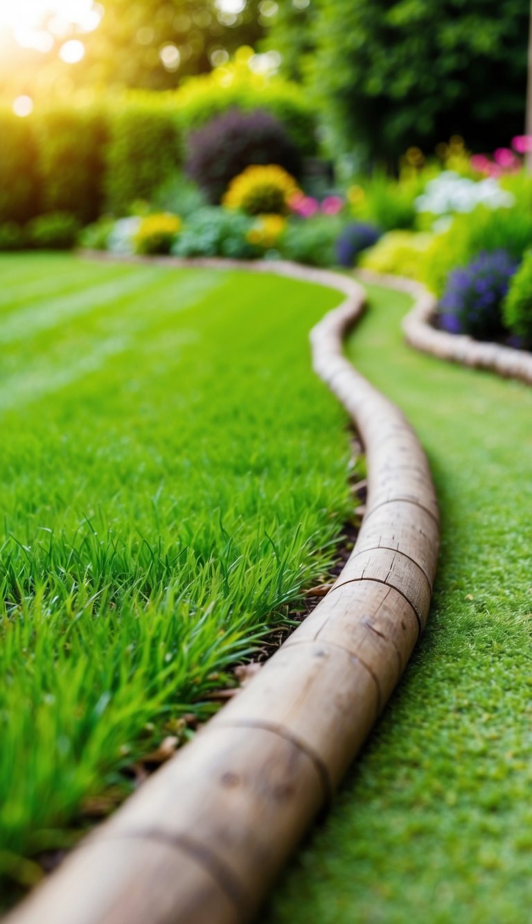 A lush green lawn bordered by log edging strips, with various creative landscaping ideas