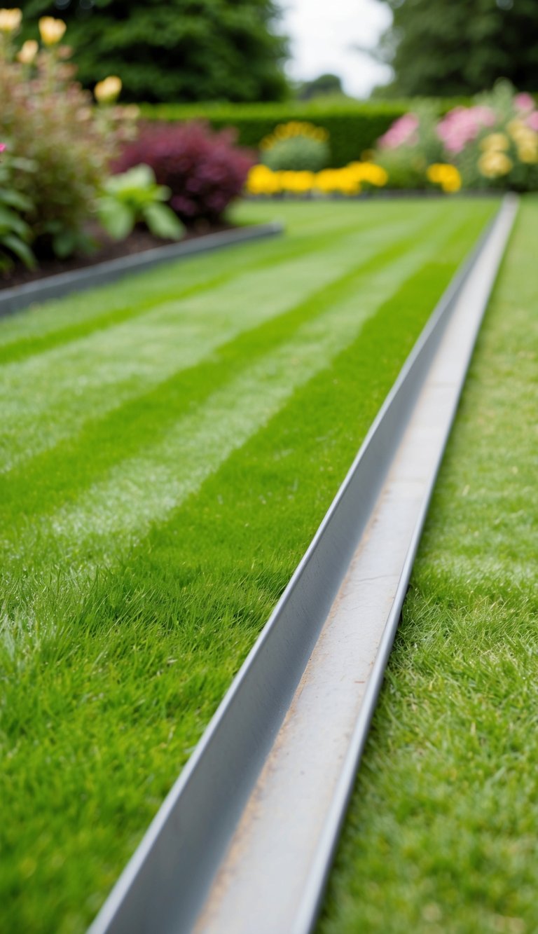 A garden with neatly trimmed grass and steel edging separating the lawn from flower beds and walkways