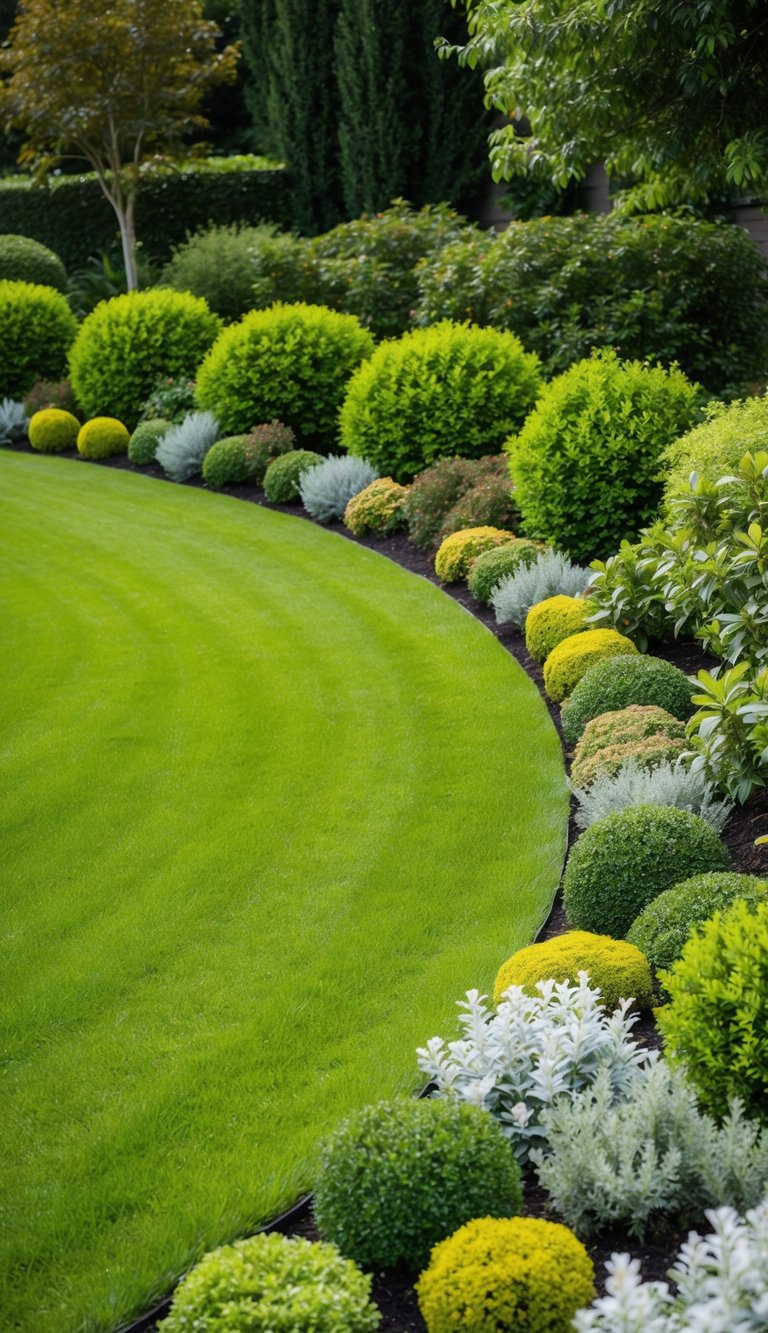 A lush green lawn bordered by various types of shrubs and plants, creating a natural and vibrant border around the perimeter