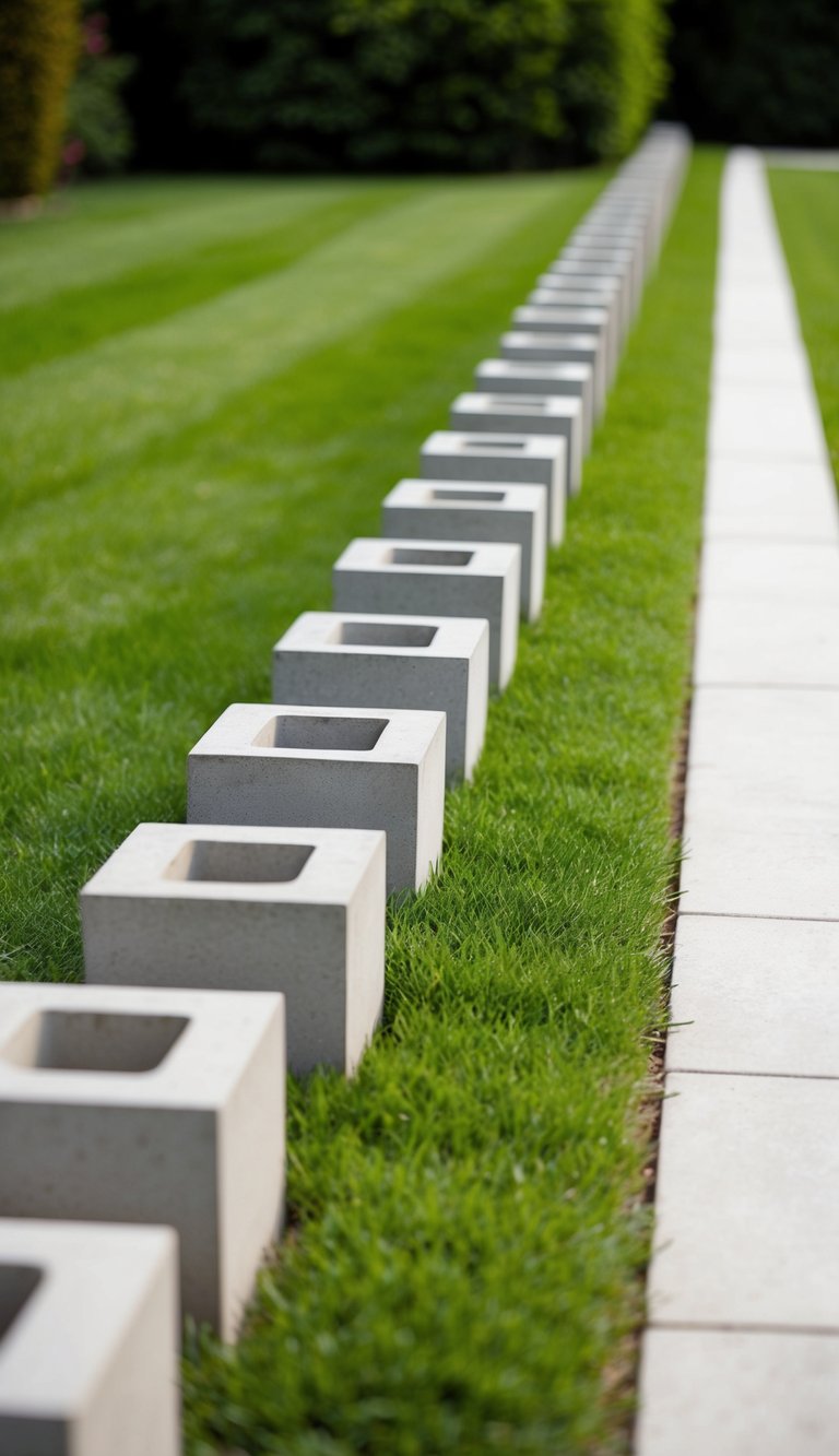 A row of concrete blocks bordering a lush green lawn, creating a clean and modern landscape design