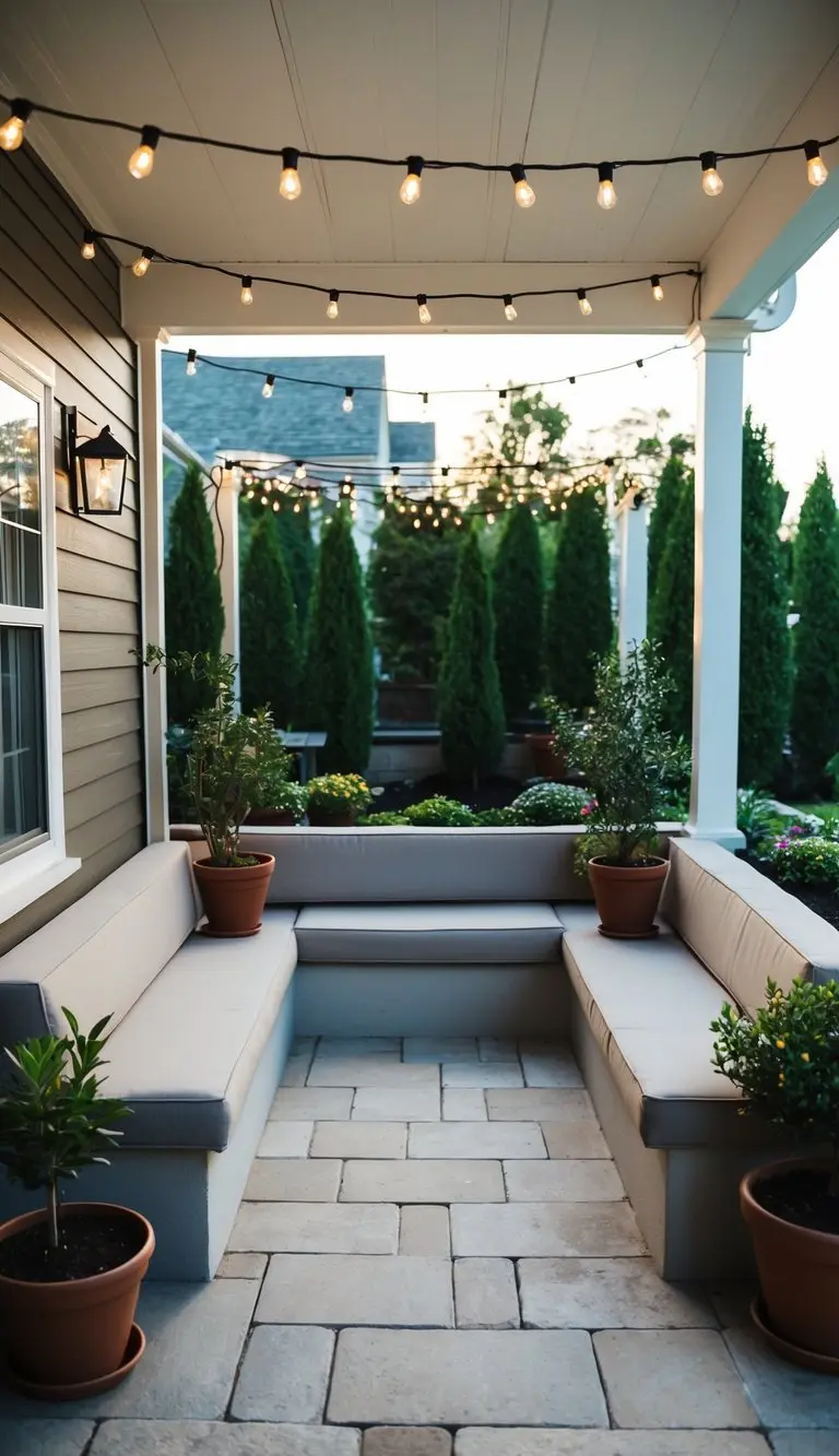 Built-in bench seating along patio edges