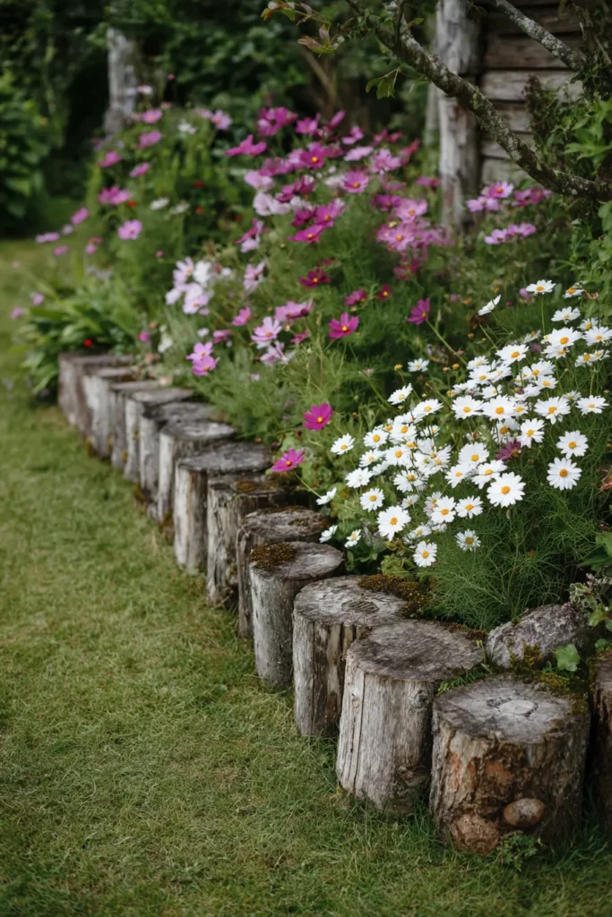 Log Edging With Daisies
