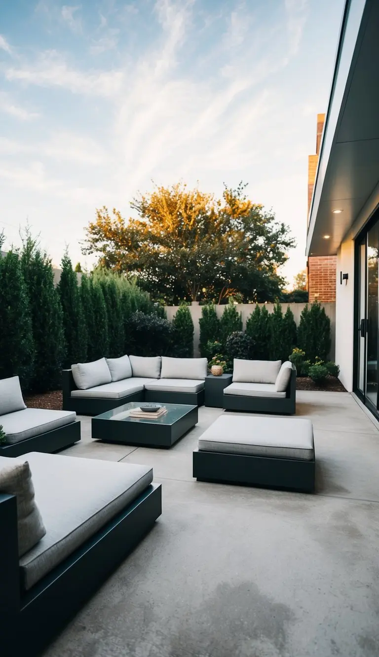 Minimalist concrete slab patio with modern furniture