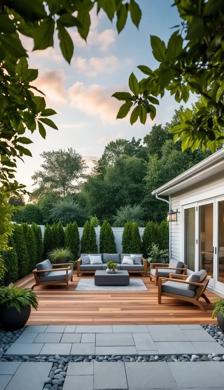 Mixed material patio combining wood and stone