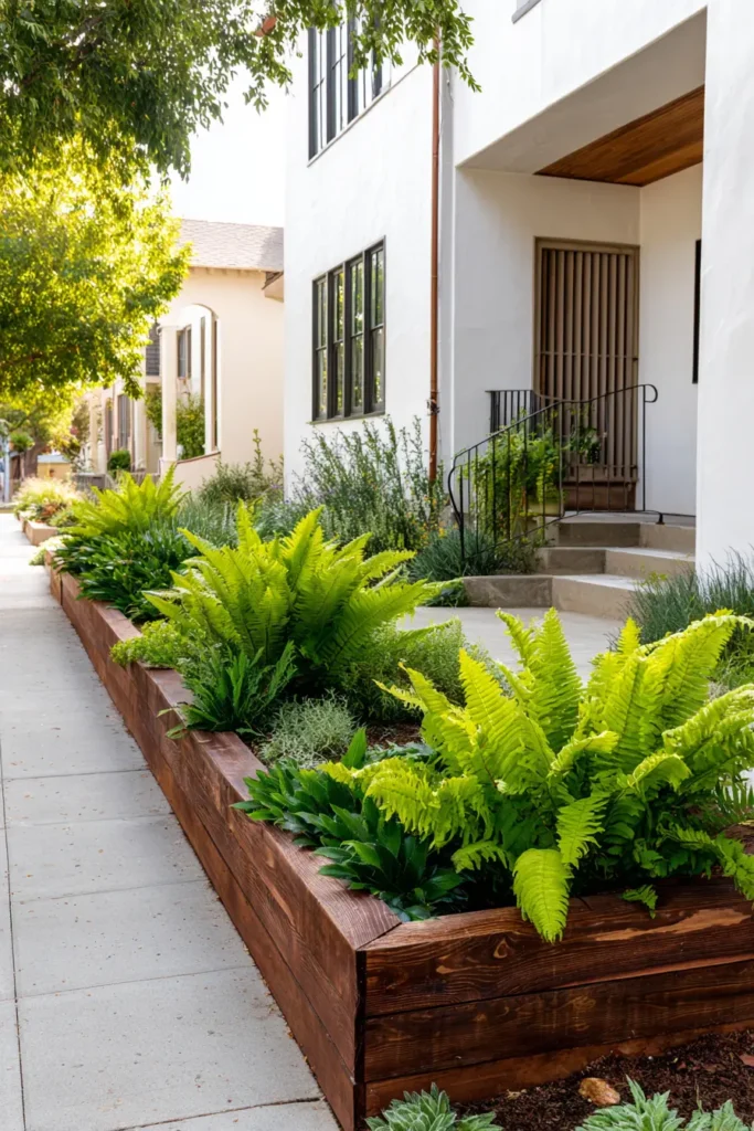 Natural Wood Edging with Lush Ferns