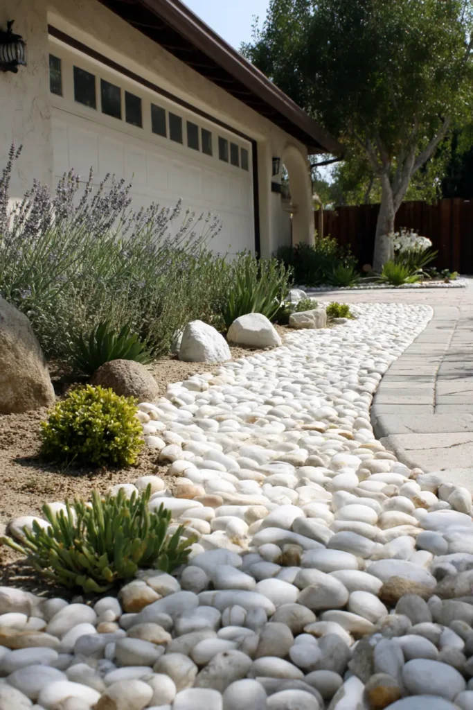 Pathway Made Of White Pebble Rocks In Garden