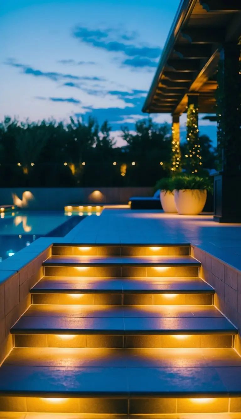 Pool deck lighting with recessed step lights