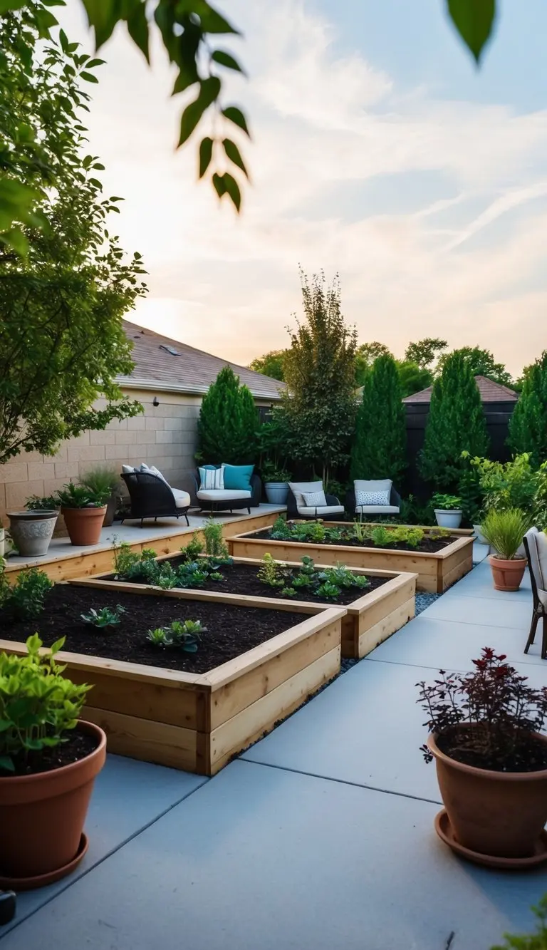 Raised garden beds integrated into patio design
