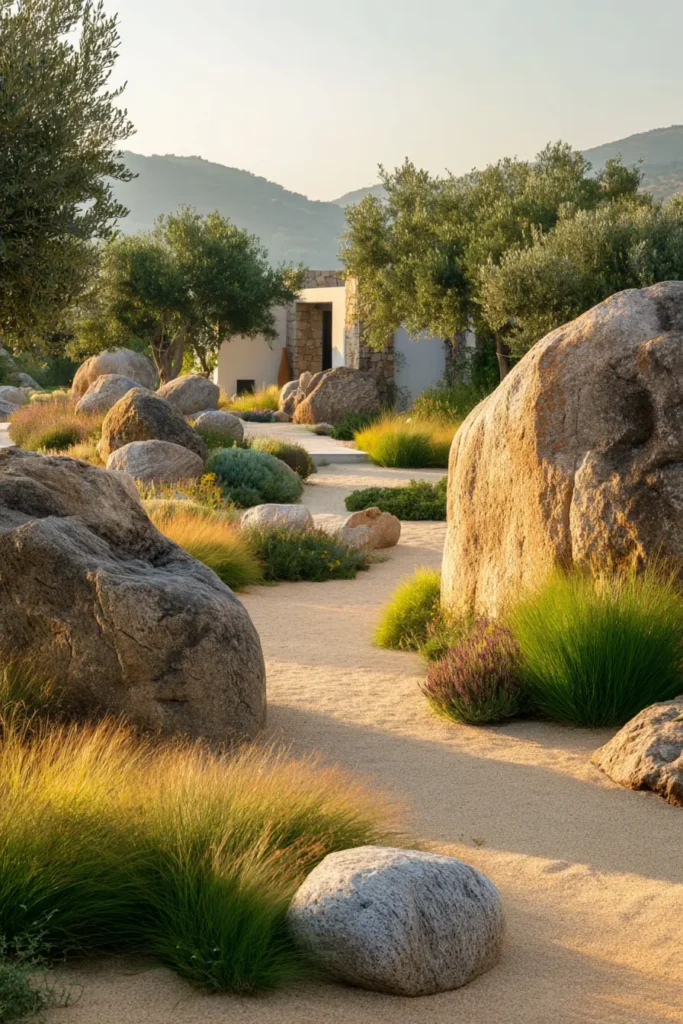 Soft Grasses Along Stone Pathway