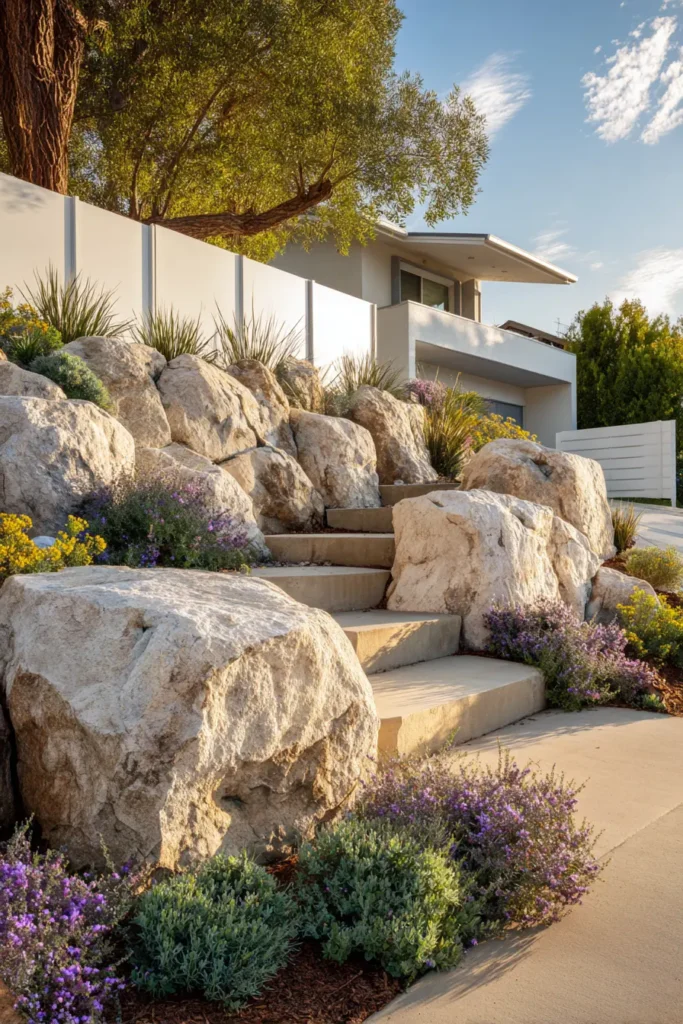 Stone Rock Garden with Colorful Blooms