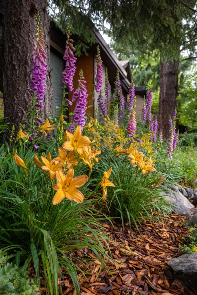 Vibrant Floral Border with Bark