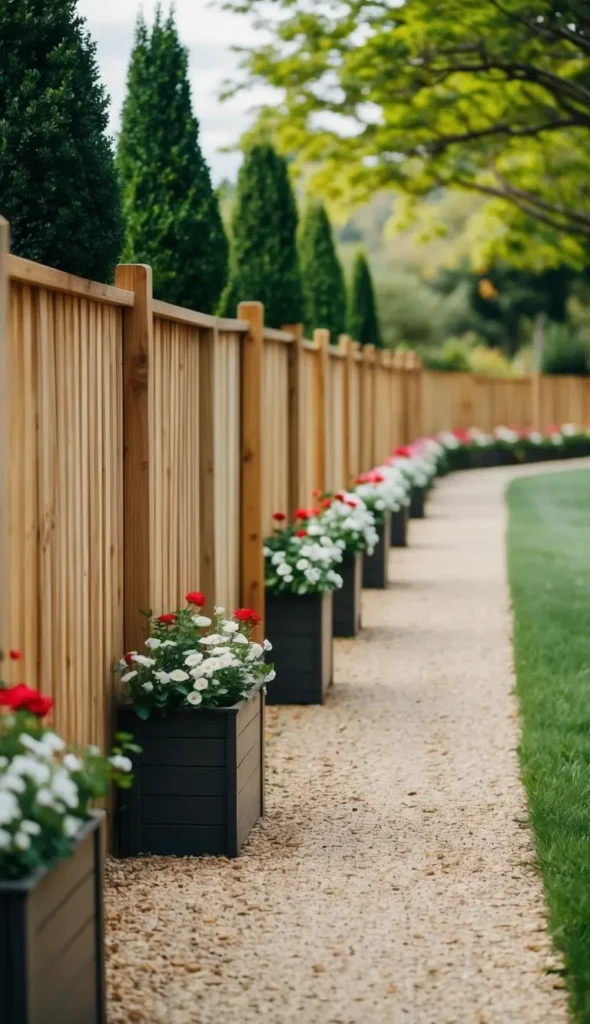 Wooden fences with integrated flower boxes