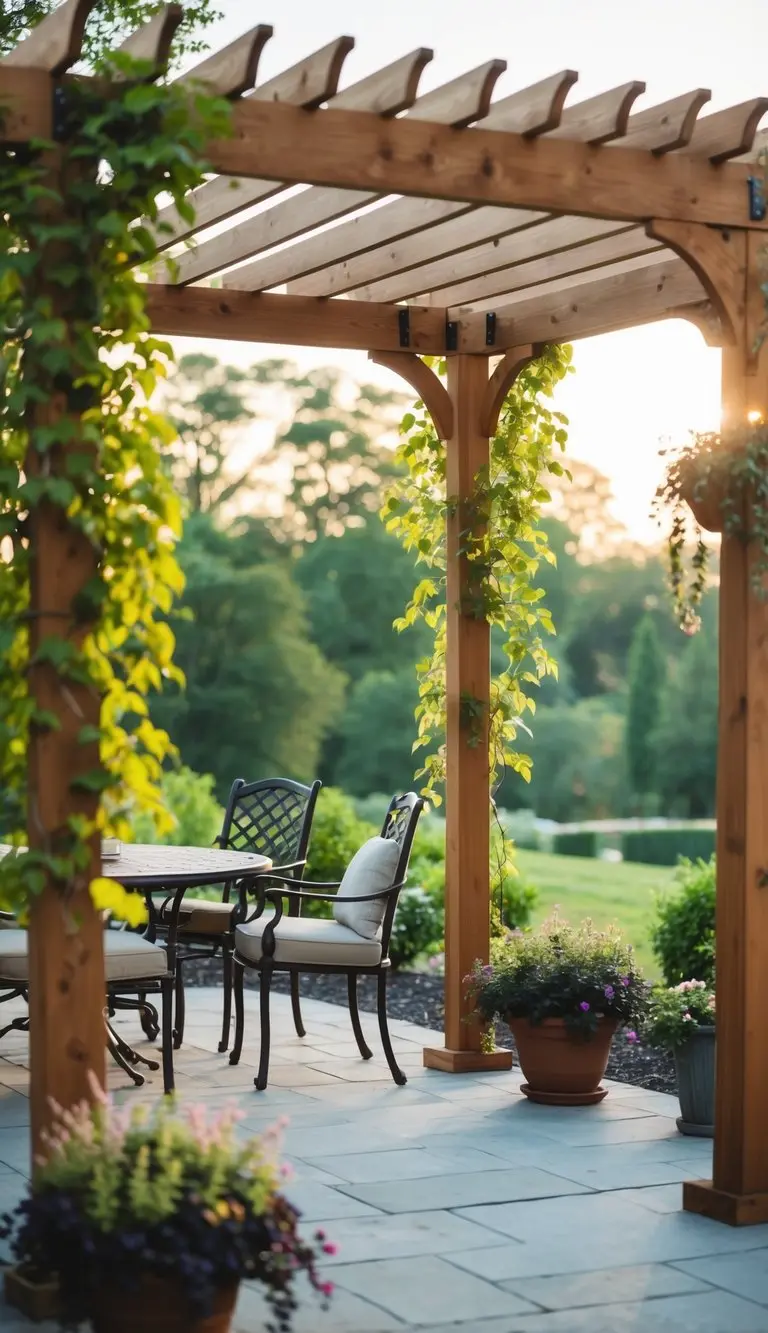 Wooden pergola with climbing plants