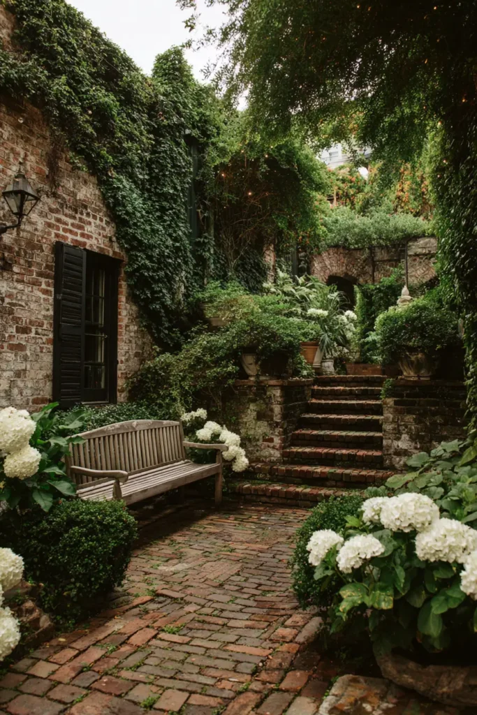 Brick Pathway with Hydrangeas and Bench