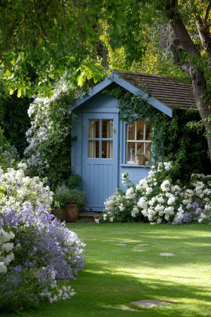Charming Blue Shed Surrounded by Flowers