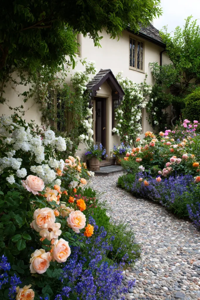 Charming Cottage Front Garden with Blush Roses