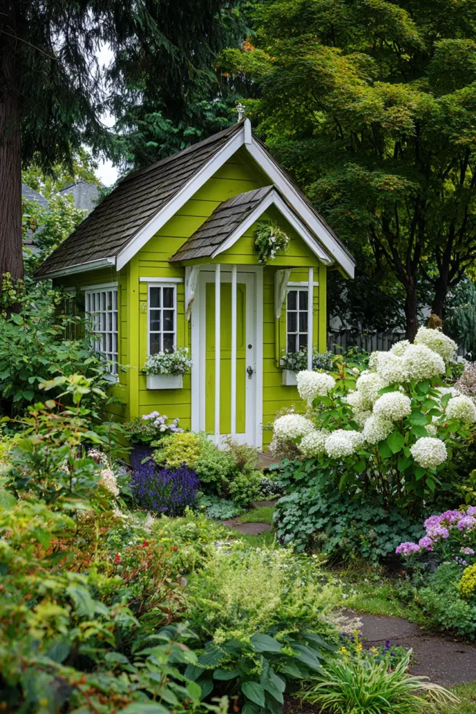 Charming Green Shed with Hostas