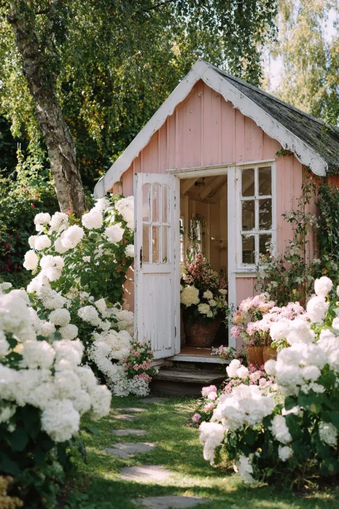 Charming Shed Surrounded by Hydrangeas