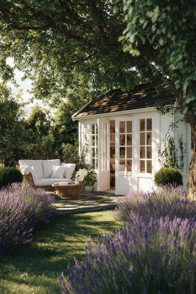 Charming White Garden Shed with Flowers