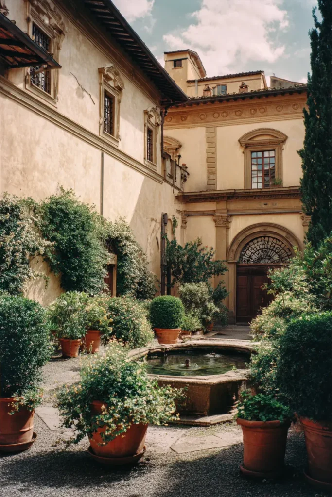 Circular Fountain with Potted Flowers