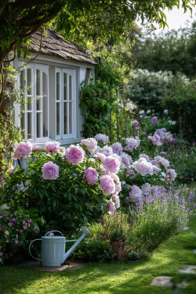 Classic English Cottage Garden at Sunset