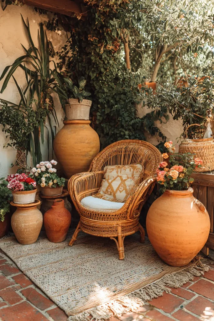 Colorful Floral Patio with Rattan Chair