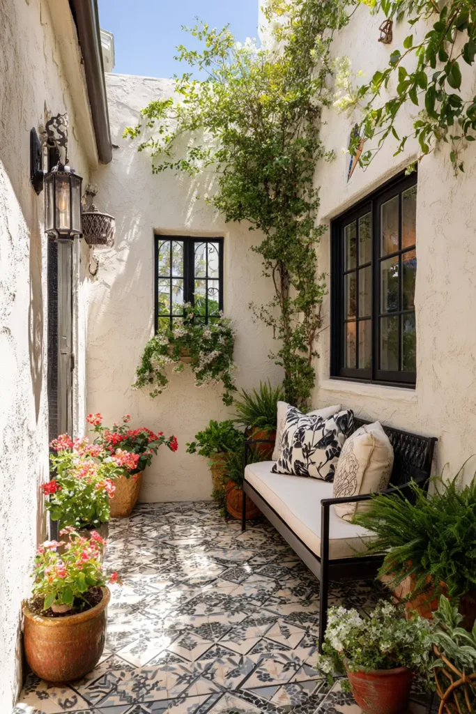 Colorful Mediterranean Courtyard with Benches