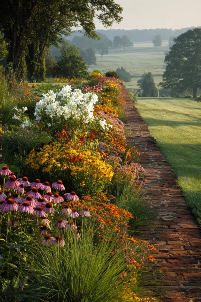 Colorful Perennial Flower Border Brick Edging