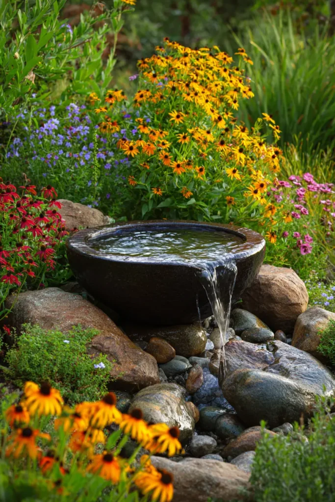 Colorful Perennial Garden with Fountain