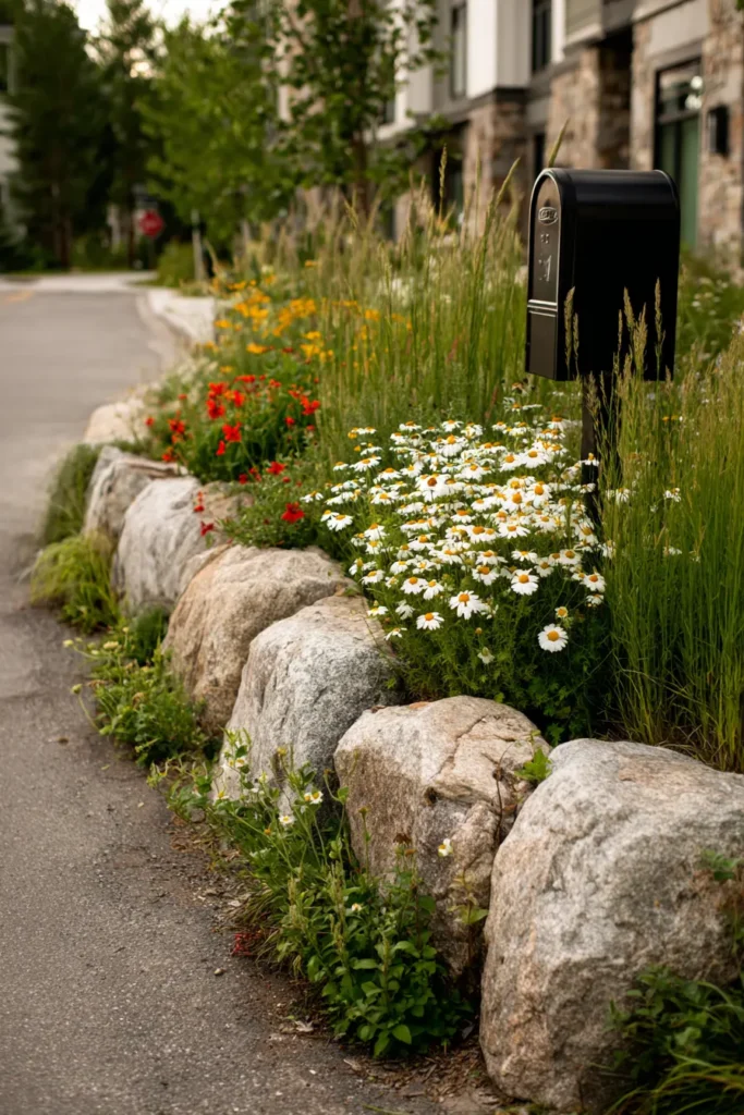 Colorful Rock-Bordered Flower Bed Design