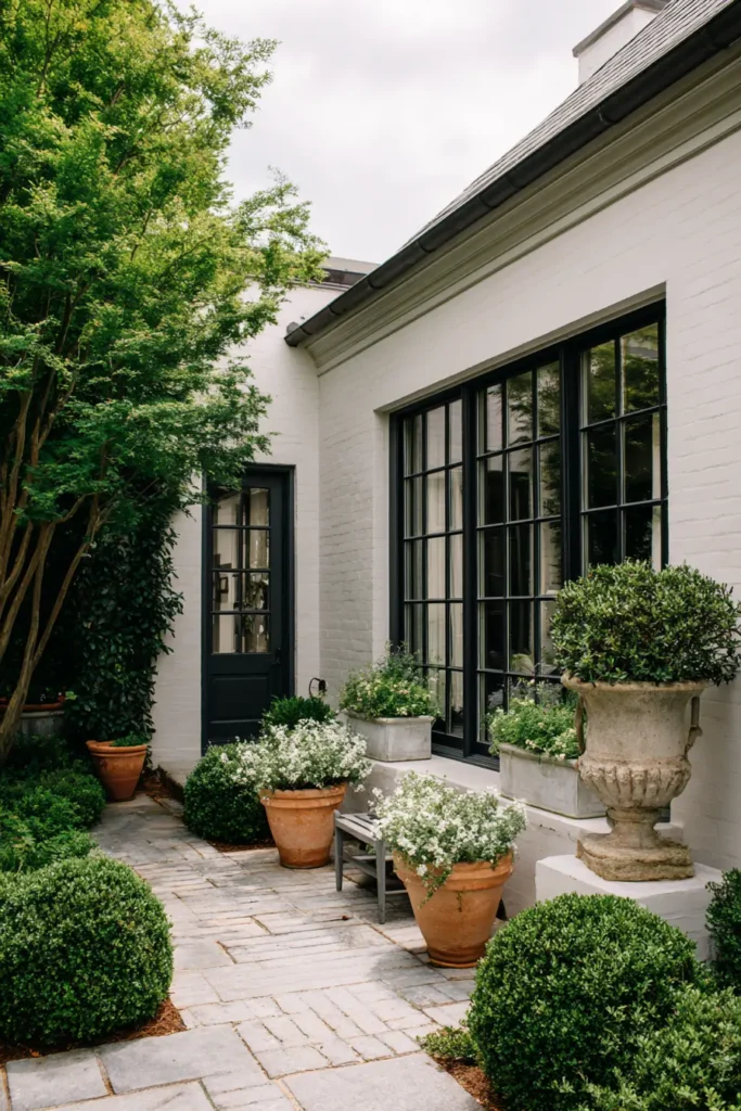 Contemporary Courtyard with Pansies