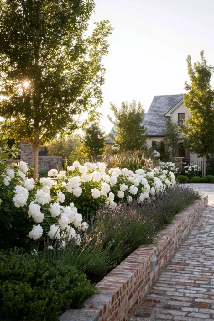 Curved Brick Border with Lavender Roses