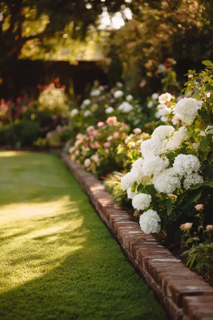 Curved Brick Edging with Hydrangeas