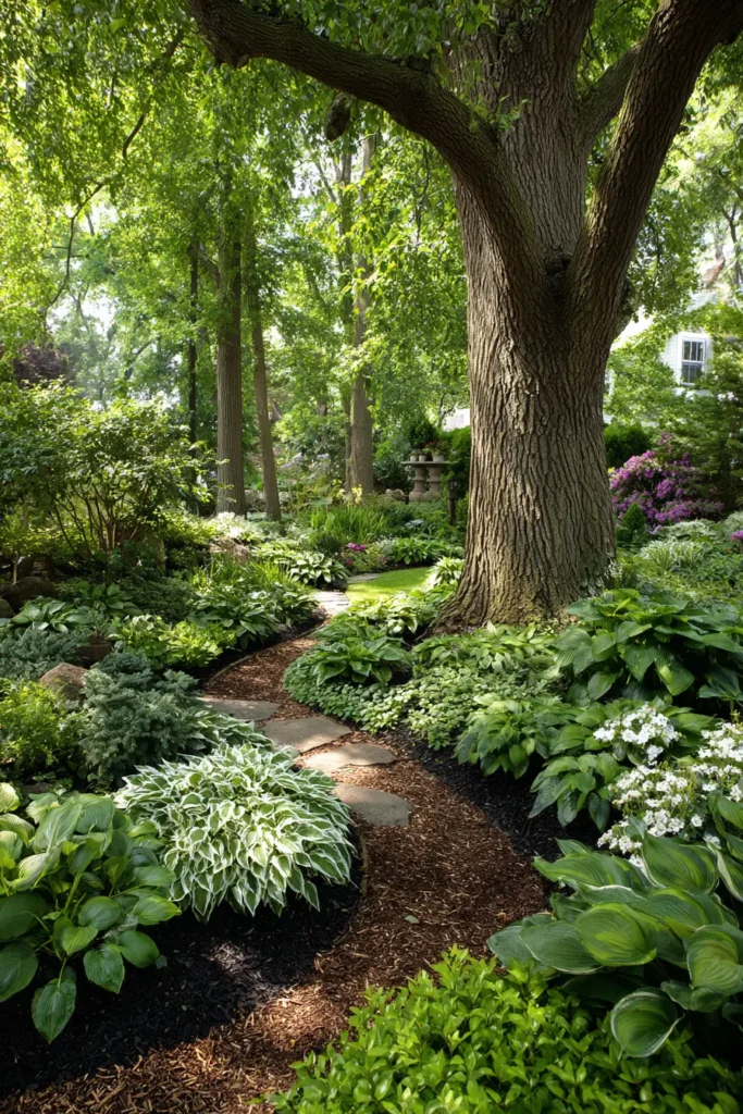 Curved Pathway with Hostas and Mulch
