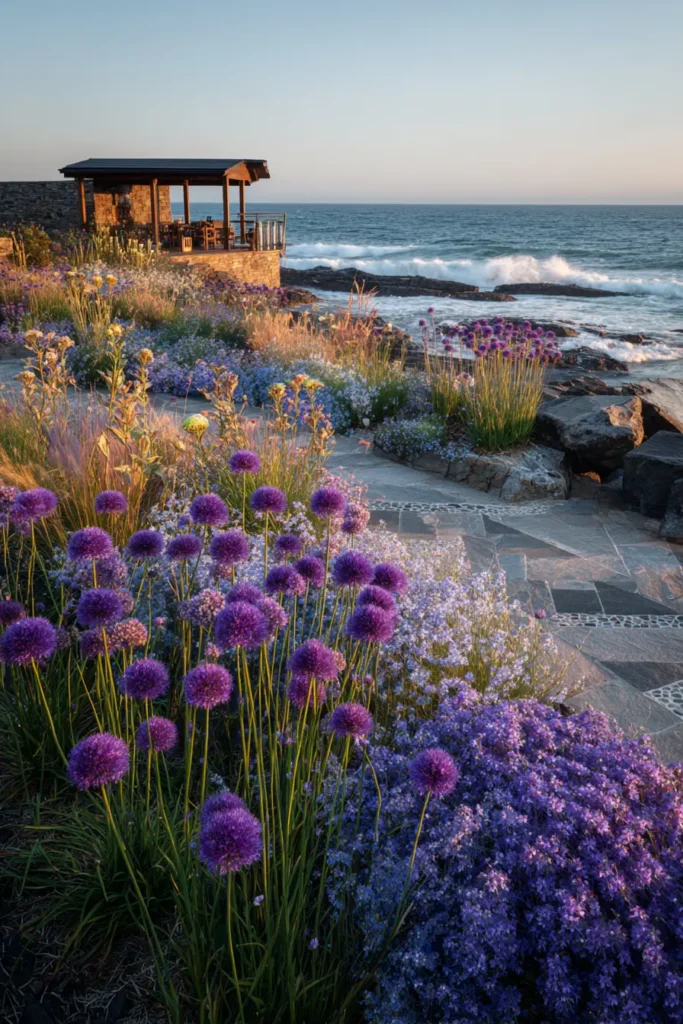Curved Stone Garden Border with Lights