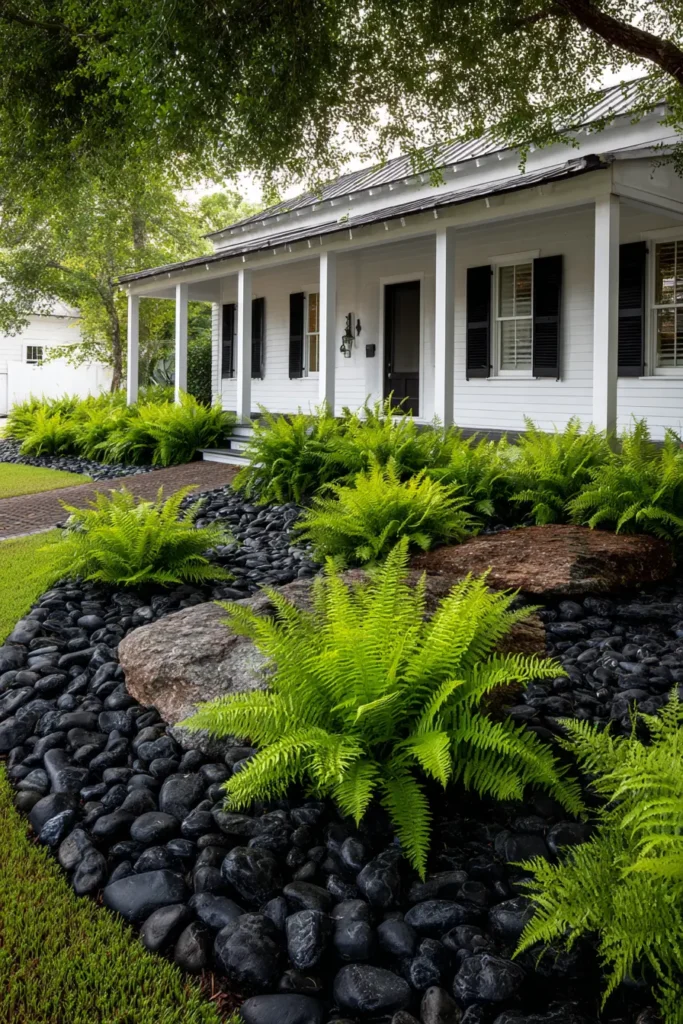 Elegant Black Mulch with Lush Ferns