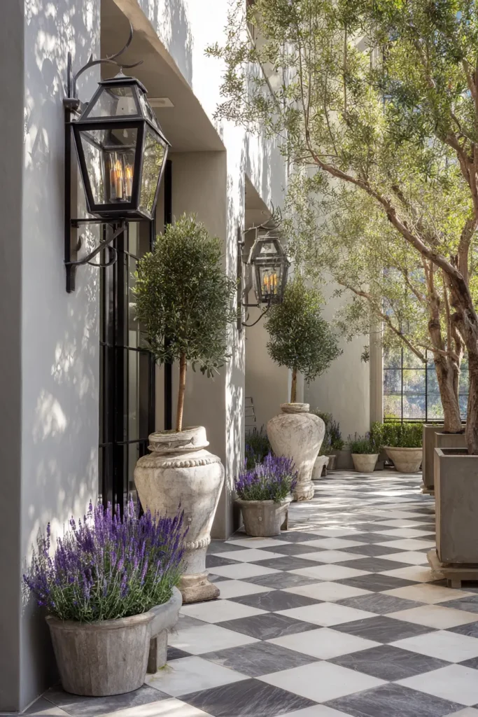 Elegant Checkerboard Courtyard with Foxgloves
