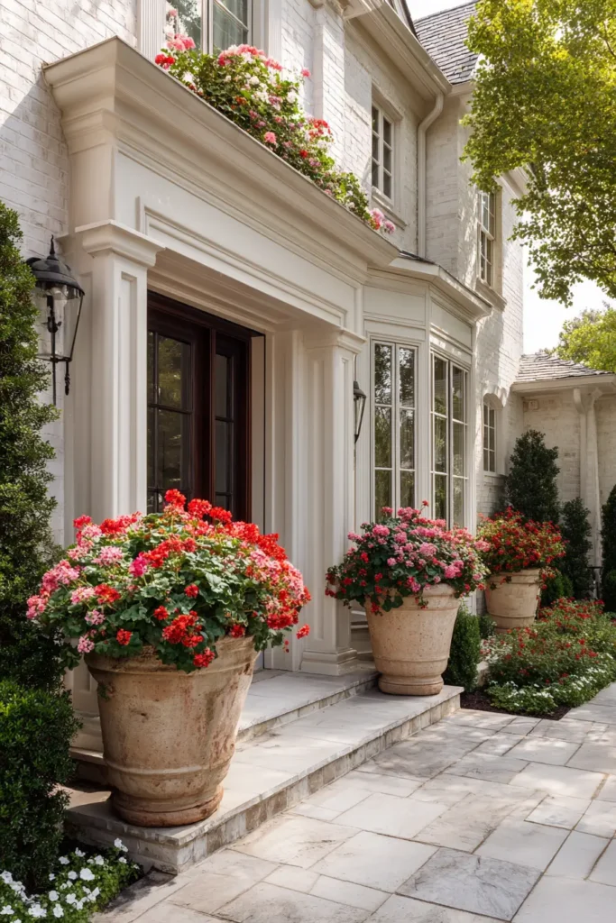 Elegant Terracotta Planters with Geraniums