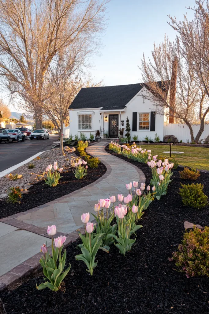 Elegant Tulip Garden with Black Mulch