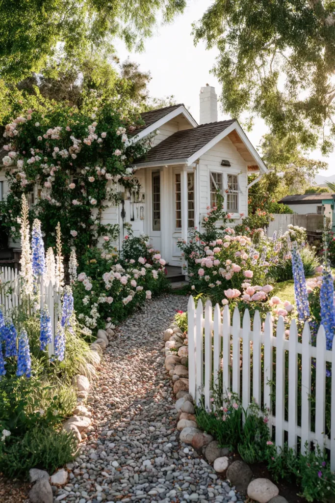 English Cottage Garden with Blush Roses