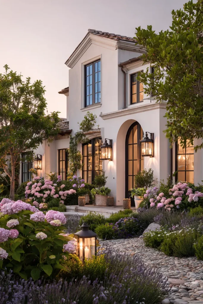 English Courtyard with Hydrangeas and Boxwood