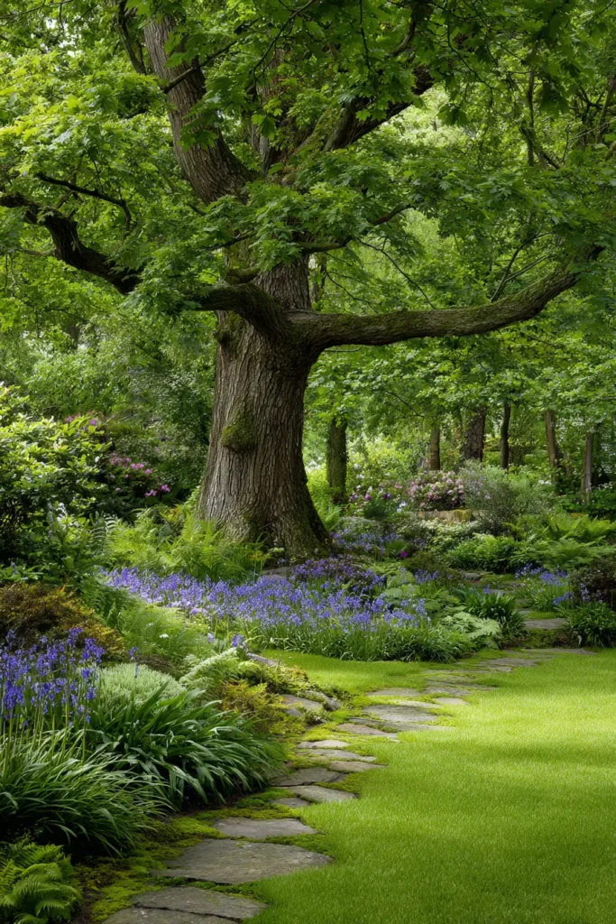 English Woodland Garden with Circular Lawn