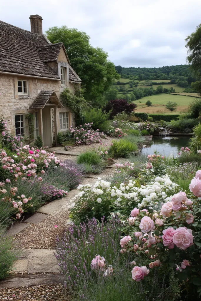 Fragrant Front Garden with Peach Roses