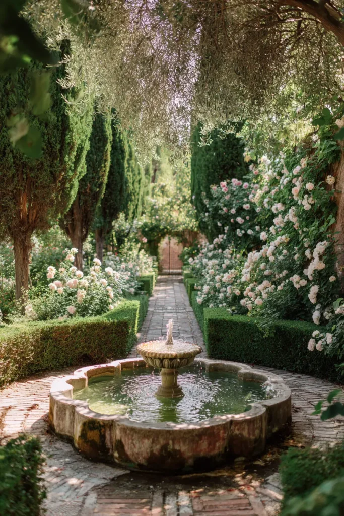 Graceful Fountain Amidst Roses