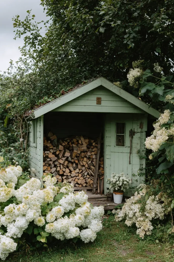 Green Shed For Rustic Firewood Storage